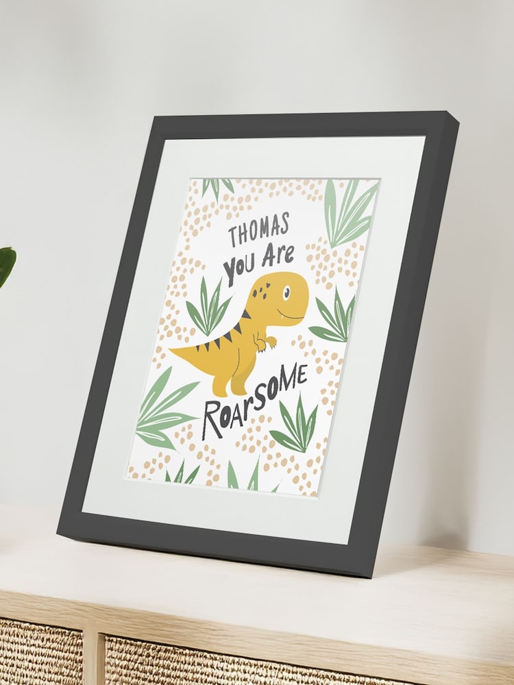Personalised Dinosaur Childrens Nursery Framed Print by Jonnys Sister - Image 1 of 3 Personalised Dinosaur Childrens Nursery Framed Print by Jonnys Sister - Image 1 of 3