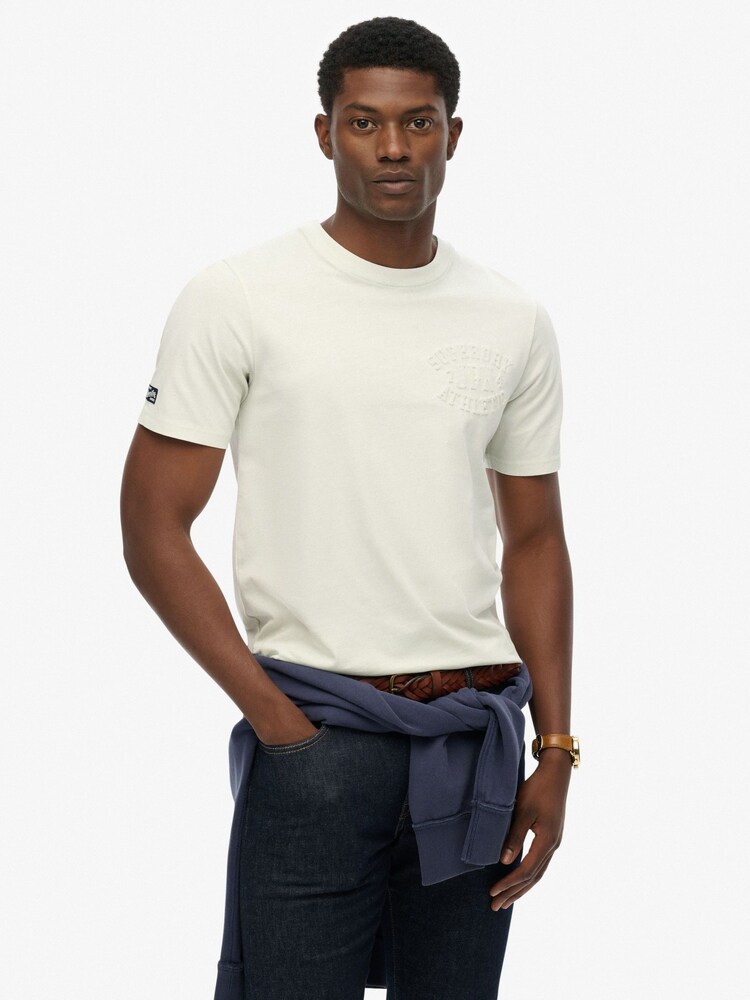 Superdry Cream Athletic Embossed Relaxed T-Shirt - Image 1 of 7 Superdry Cream Athletic Embossed Relaxed T-Shirt - Image 1 of 7