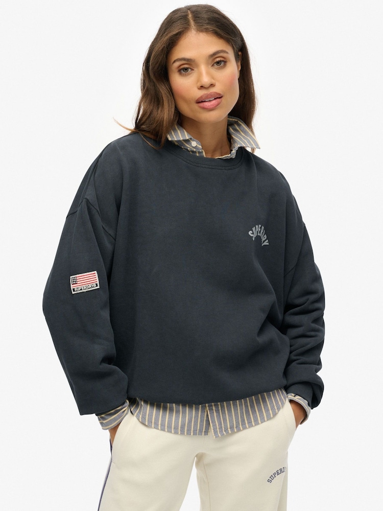 Superdry Blue Athletic Essentials Printed Crew Neck Sweatshirt - Image 1 of 6 Superdry Blue Athletic Essentials Printed Crew Neck Sweatshirt - Image 1 of 6