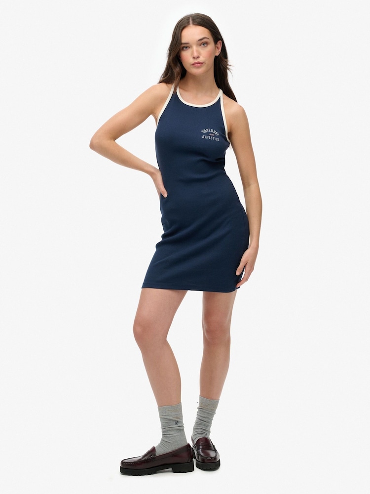 Superdry Blue Athletic Essentials Ribbed Tank Dress - Image 1 of 6 Superdry Blue Athletic Essentials Ribbed Tank Dress - Image 1 of 6
