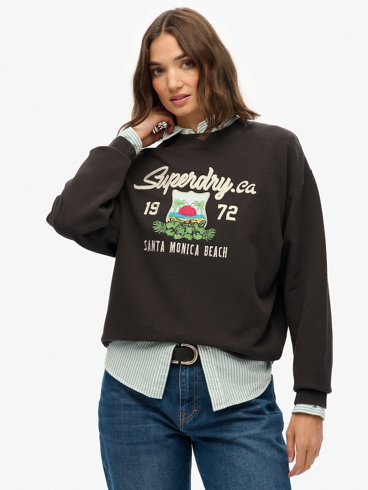 Superdry Black Souvenir Graphic Loose Crew Sweatshirt - Image 1 of 7
