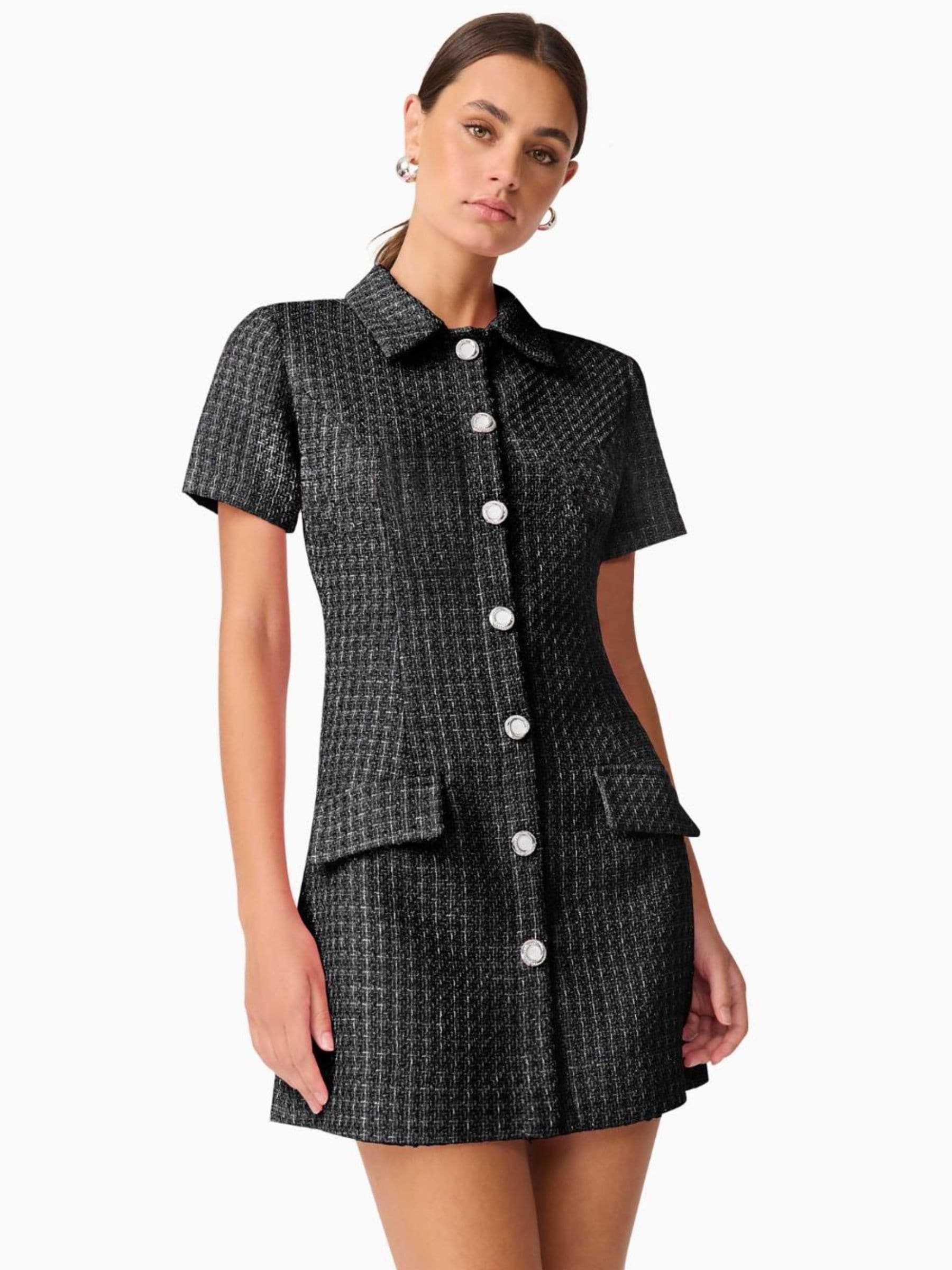 Buy Elliatt Black Alia Short Sleeve Button Down Tweed Mini Dress