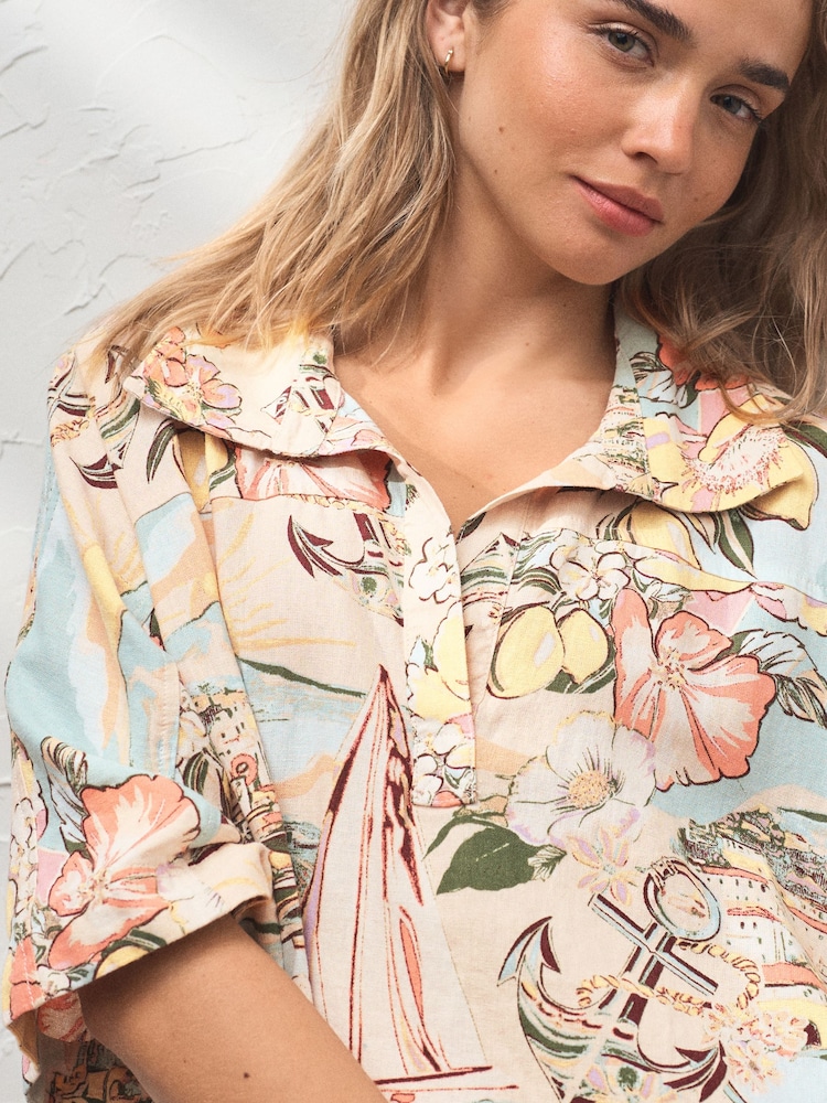 Pink Lemon Print V-Neck Linen Blend Rugby Shirt - Image 4 of 4