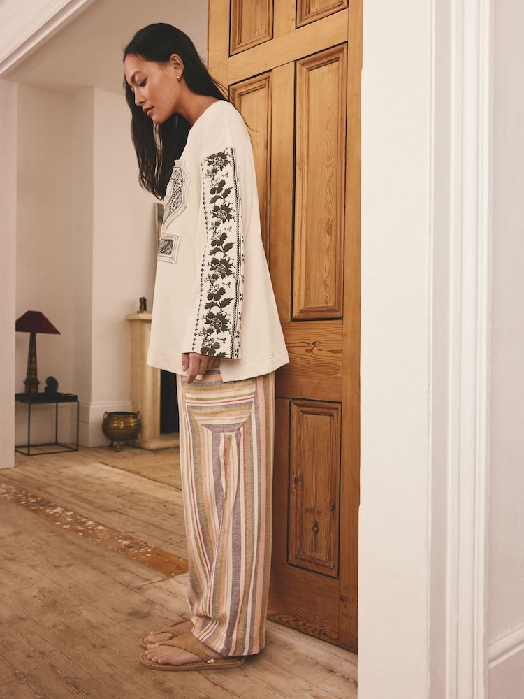 Multi Stripe Viscose/Linen Blend Loungewear Trousers - Image 2 of 9