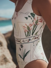 White Floral Scoop Square Neck Swimsuit - Image 4 of 9