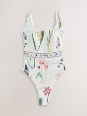 White Floral Scoop Square Neck Swimsuit - Image 6 of 9