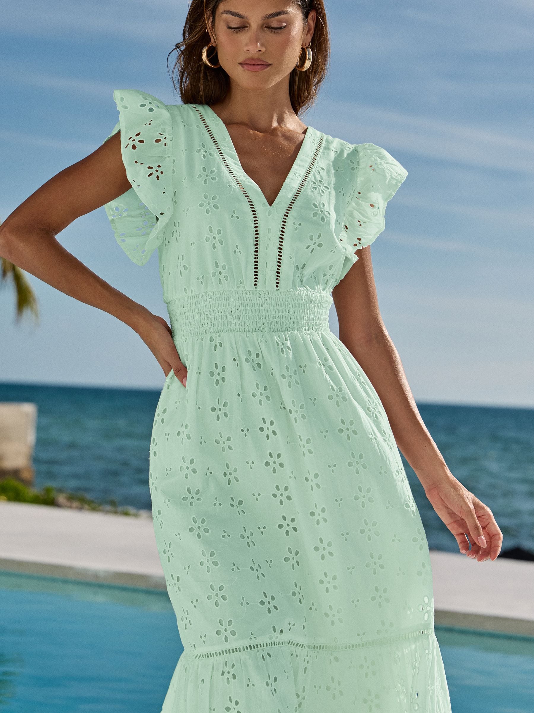Buy Lipsy Turquoise Blue Broderie Flutter Sleeve Midi Dress from