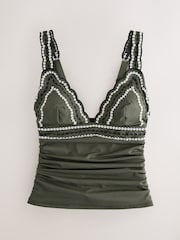 Khaki Green Scallop Embroidered Plunge Tankini Top - Image 1 of 4