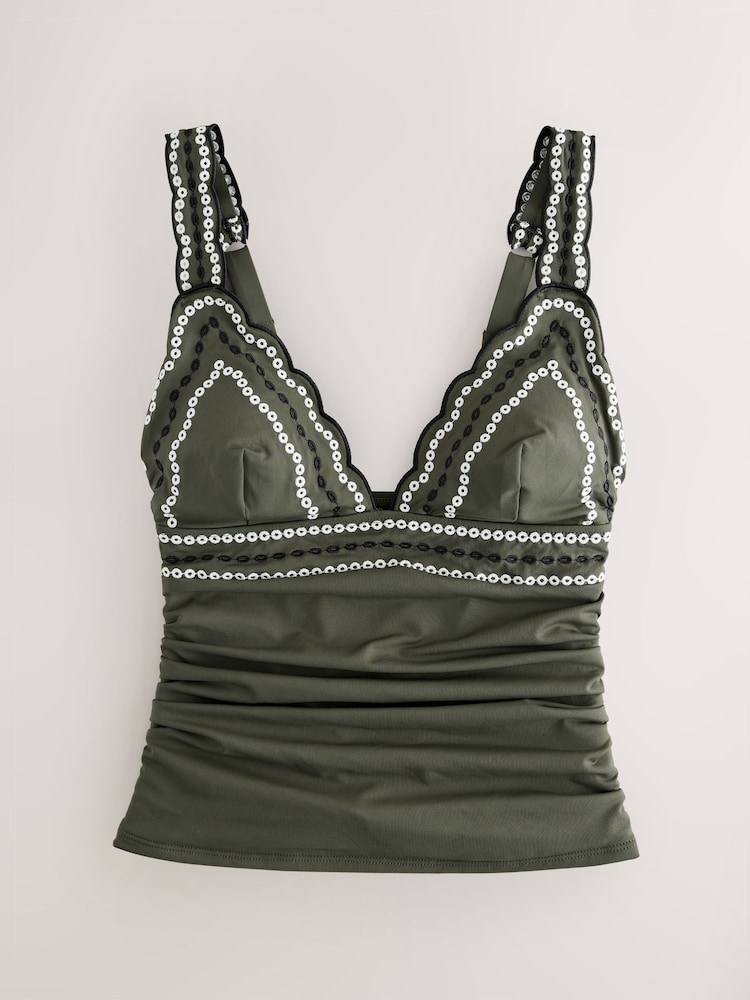 Khaki Green Scallop Embroidered Plunge Tankini Top - Image 1 of 4