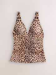 Brown Leopard Print Ruched Plunge Tummy Control Tankini Top - Image 1 of 4