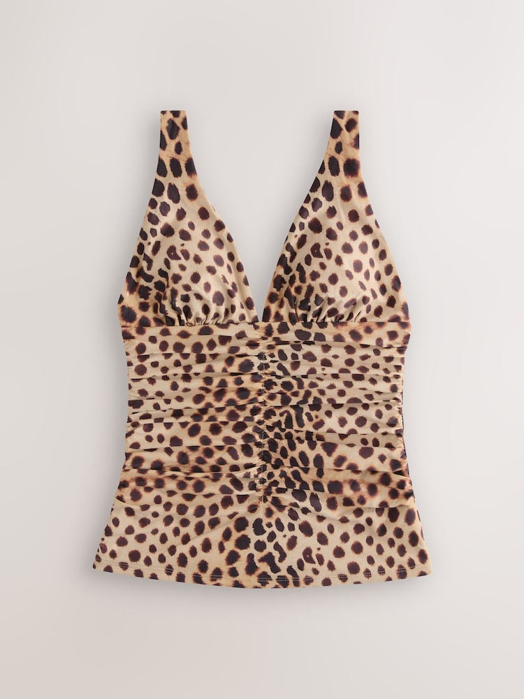 Brown Leopard Print Ruched Plunge Tummy Control Tankini Top - Image 1 of 4