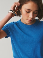 Cobalt Blue Short Sleeve Crew Neck Top With Linen - Image 4 of 7