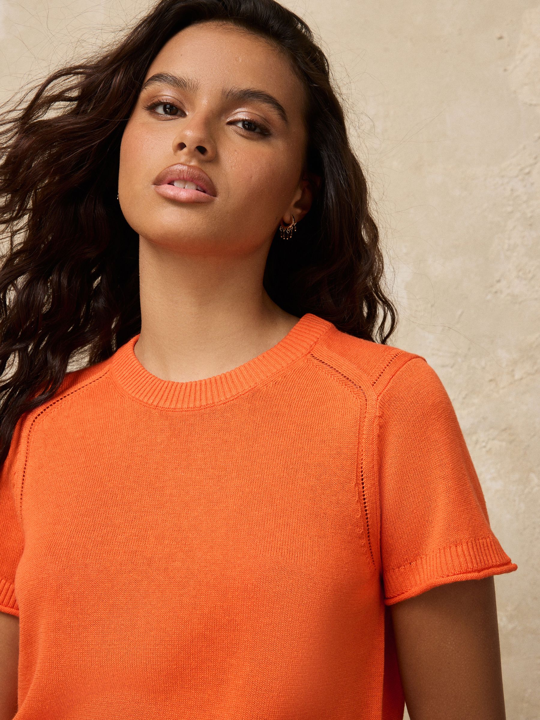 Buy Bright Orange Short Sleeve Crew Neck Top With Linen from the
