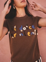 Chocolate Brown Slogan Short Sleeve Crew Neck Top With Linen - Image 5 of 9
