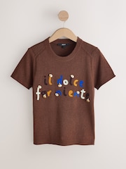 Chocolate Brown Slogan Short Sleeve Crew Neck Top With Linen - Image 6 of 9