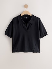 Svart - Bomullsrik, myk strikket polotopp - Bilde 1 av 3