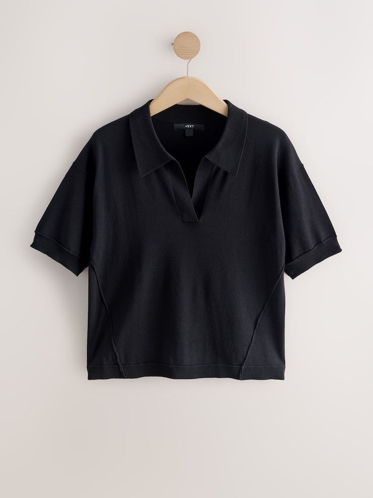 Svart - Bomullsrik, myk strikket polotopp - Bilde 1 av 3