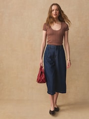 Maro Ciocolată - Scoop Neck Pointelle Short Sleeve T-Shirt - Imaginea 2 din 8