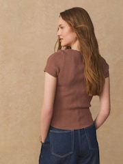 Maro Ciocolată - Scoop Neck Pointelle Short Sleeve T-Shirt - Imaginea 3 din 8