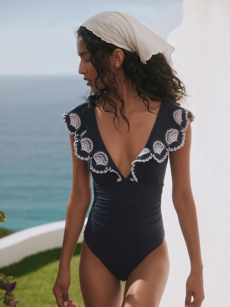 Navy/White Embroidered Frill Plunge Tummy Control Swimsuit - Image 1 of 8 Navy/White Embroidered Frill Plunge Tummy Control Swimsuit - Image 1 of 8