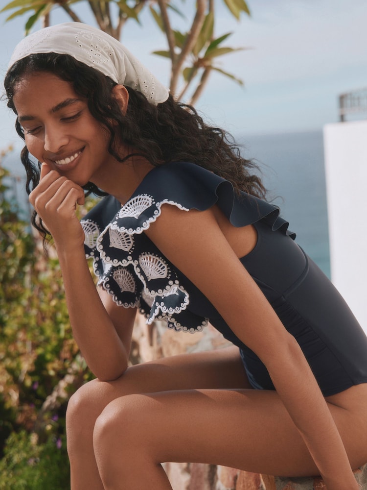 Navy/White Embroidered Frill Plunge Tummy Control Swimsuit - Image 2 of 8 Navy/White Embroidered Frill Plunge Tummy Control Swimsuit - Image 2 of 8