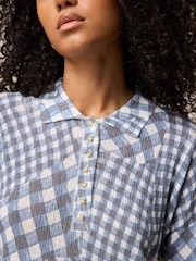 White/Blue Gingham Textured Polo Top With Linen - Image 4 of 7