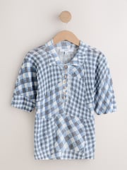 White/Blue Gingham Textured Polo Top With Linen - Image 5 of 7
