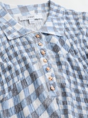 White/Blue Gingham Textured Polo Top With Linen - Image 6 of 7