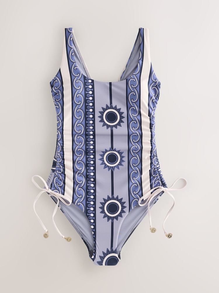 Navy Blue Geometric Ruched Tummy Control Scoop Swimsuit - Image 1 of 4