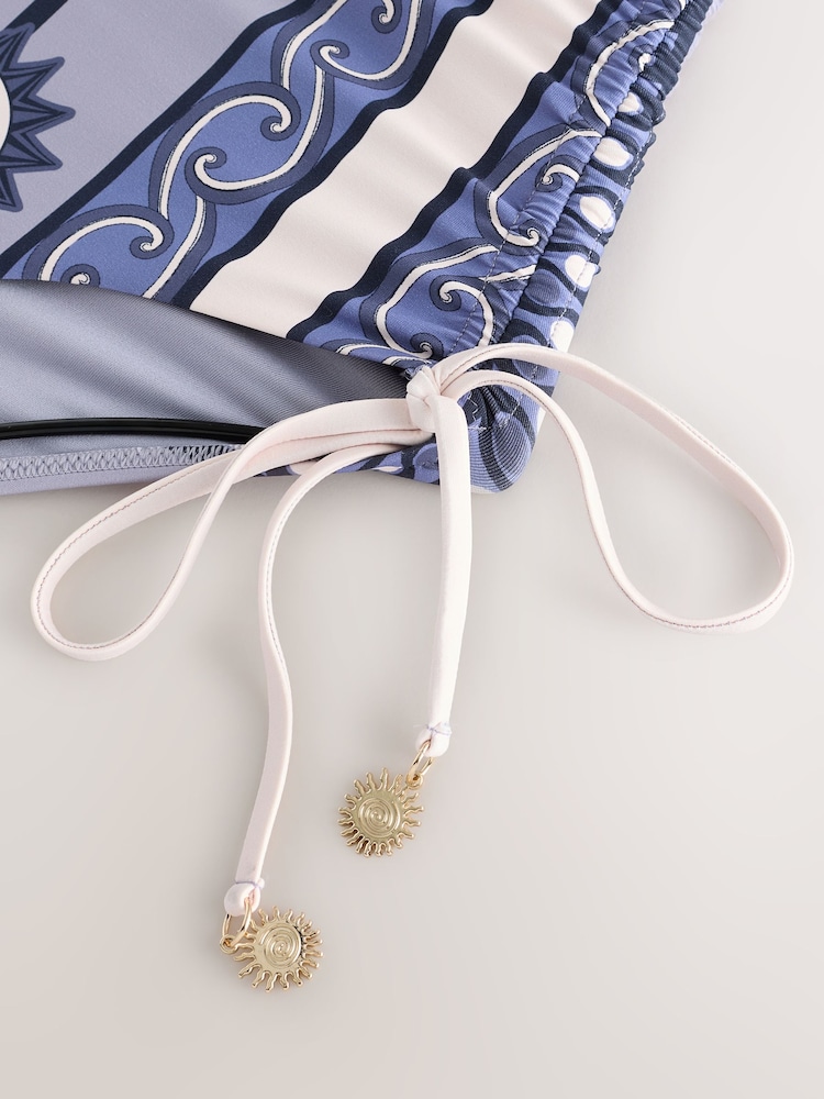 Navy Blue Geometric Ruched Tummy Control Scoop Swimsuit - Image 10 of 10