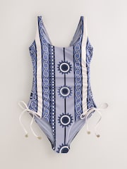 Navy Blue Geometric Ruched Tummy Control Scoop Swimsuit - Image 7 of 10