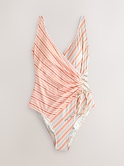Peach Pink Stripe Whipstitch Ruched Side Tummy Shaping Control Swimsuit - Image 1 of 4