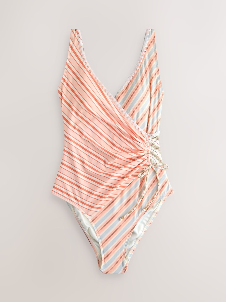 Peach Pink Stripe Whipstitch Ruched Side Tummy Shaping Control Swimsuit - Image 1 of 4
