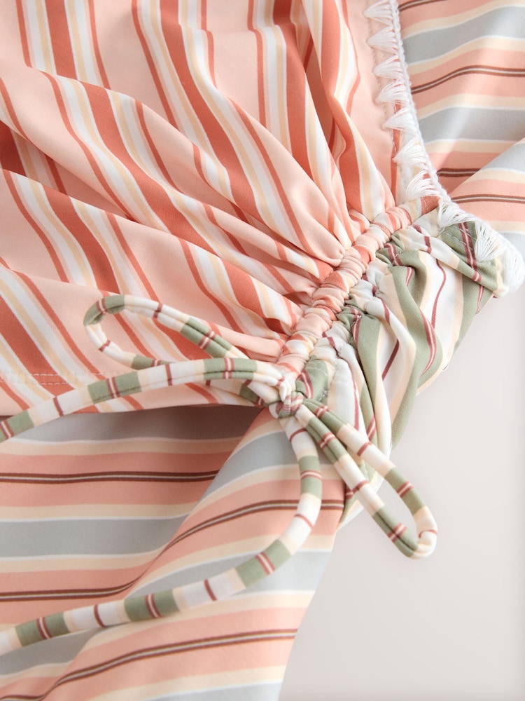 Peach Pink Stripe Whipstitch Ruched Side Tummy Shaping Control Swimsuit - Image 2 of 4