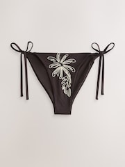 Chocolate Brown Palm Embroidered Tie Side Bikini Bottoms - Image 1 of 3