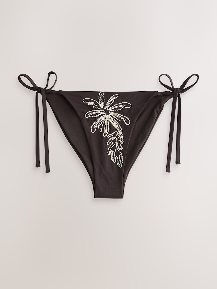 Chocolate Brown Palm Embroidered Tie Side Bikini Bottoms - Image 1 of 3 Chocolate Brown Palm Embroidered Tie Side Bikini Bottoms - Image 1 of 3