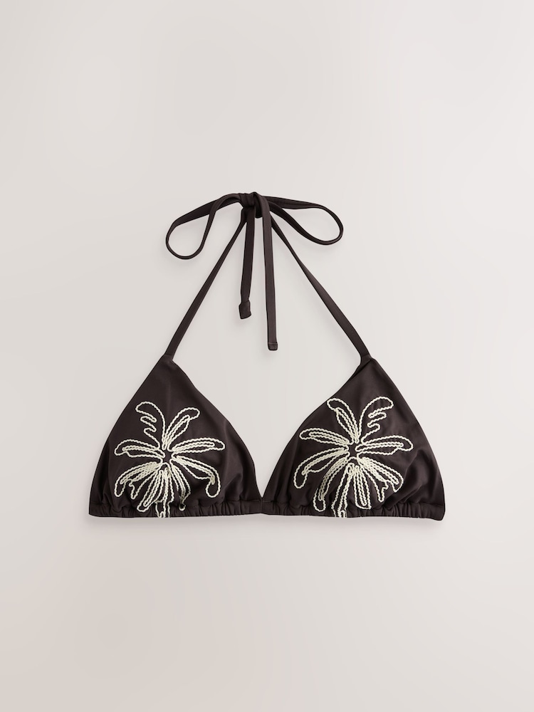Chocolate Brown Palm Embroidered Triangle Bikini Top - Image 1 of 3
