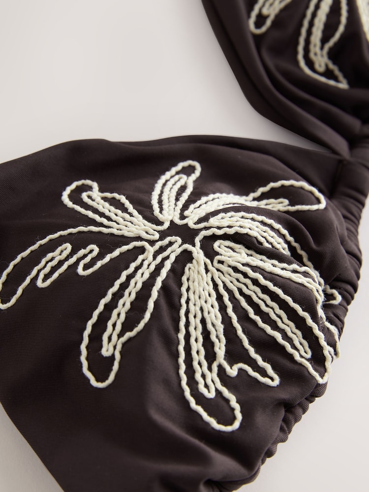 Chocolate Brown Palm Embroidered Triangle Bikini Top - Image 2 of 3