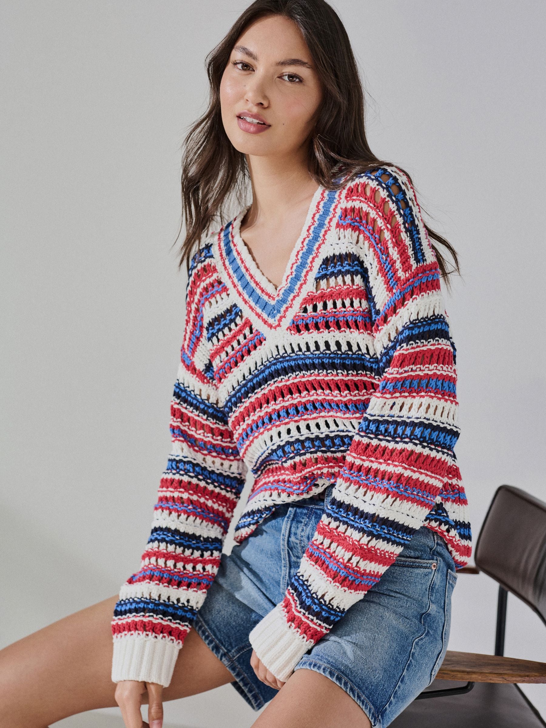 トップス Reee Buy Blue/Red/White Stripe Cotton Rich V-Neck Mesh Knitted Jumper