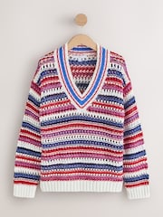 Blue/Red/White Stripe - Cotton Rich V-Neck Mesh Knitted Jumper - Bild 1 von 3