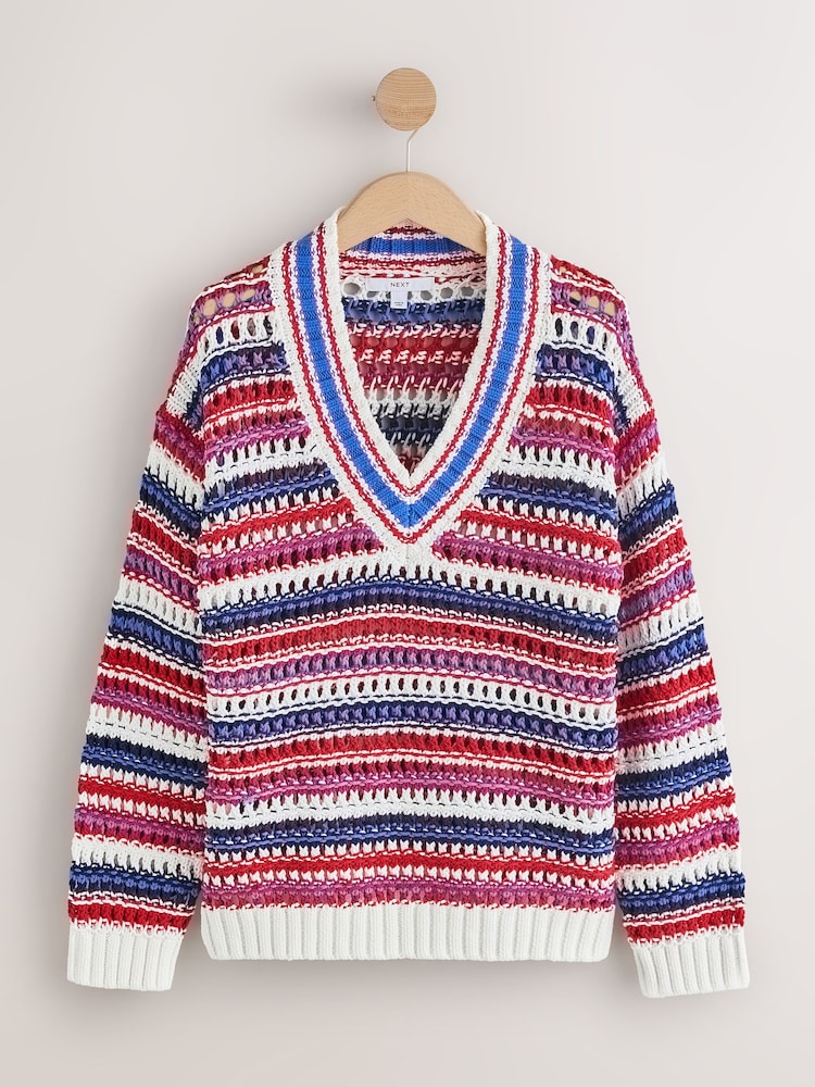 Blue/Red/White Stripe - Cotton Rich V-Neck Mesh Knitted Jumper - Bild 1 von 3