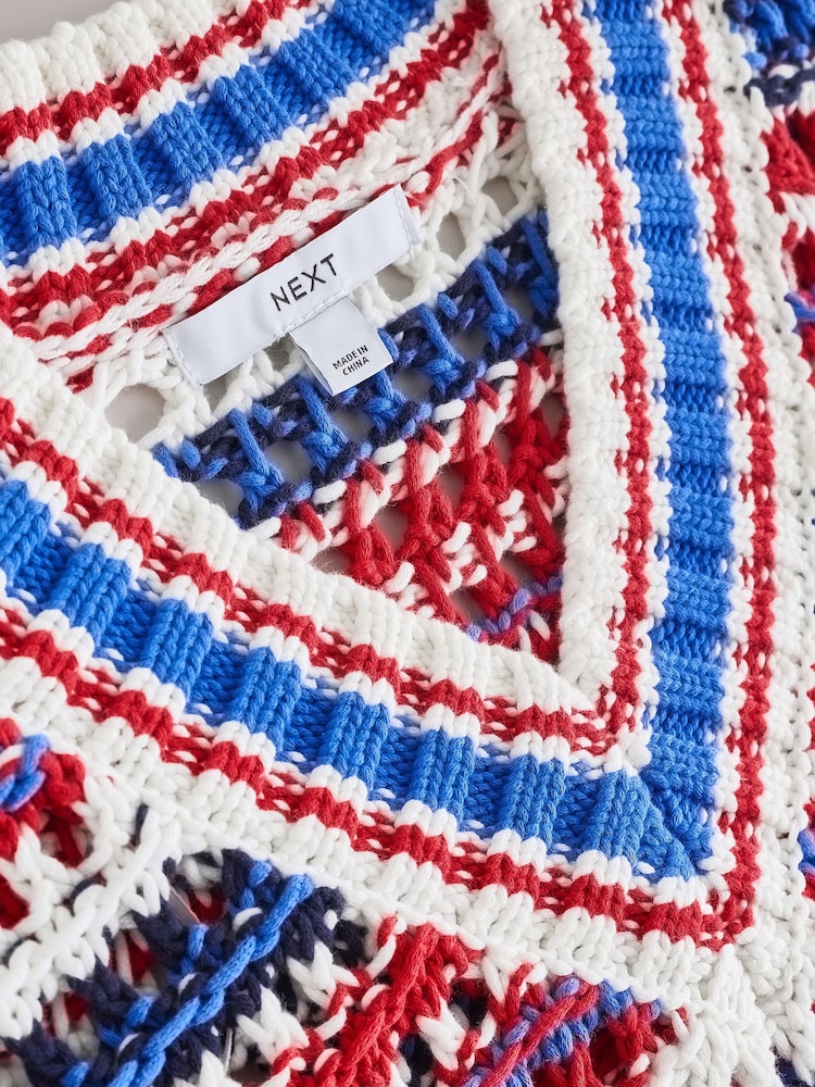 Blue/Red/White Stripe - Cotton Rich V-Neck Mesh Knitted Jumper - Bild 2 von 3