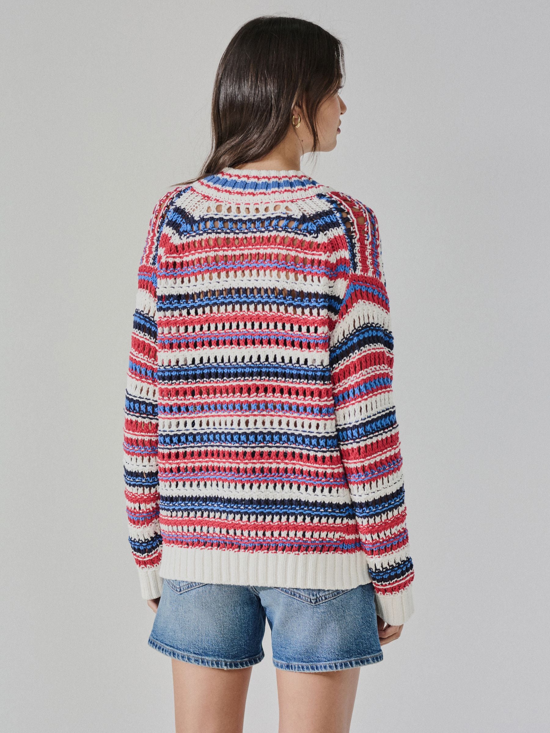Buy Blue/Red/White Stripe Cotton Rich V-Neck Mesh Knitted Jumper