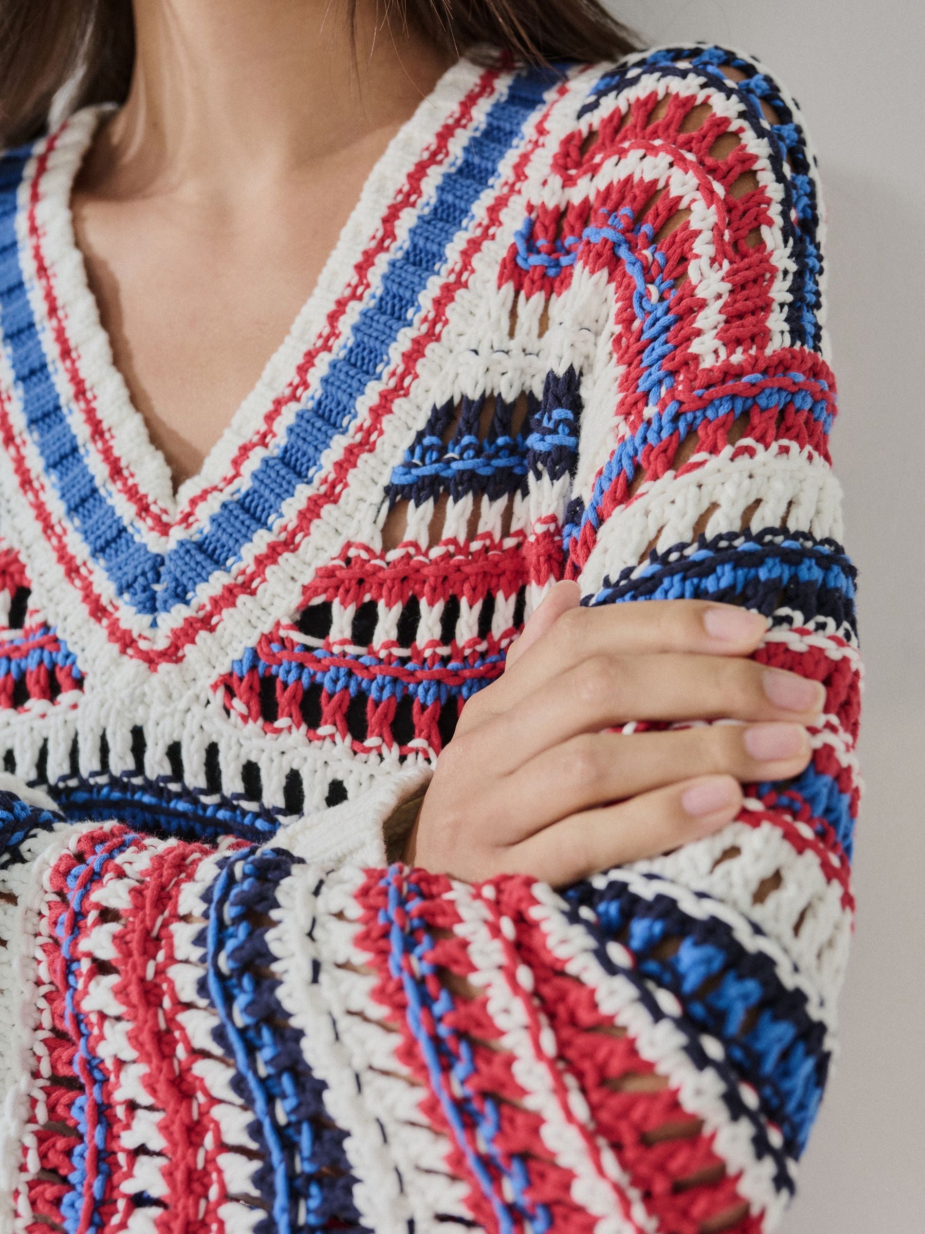 Buy Blue/Red/White Stripe Cotton Rich V-Neck Mesh Knitted Jumper