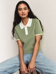 Khaki Green Short Sleeve Frill Polo Knitted Top - Image 1 of 7