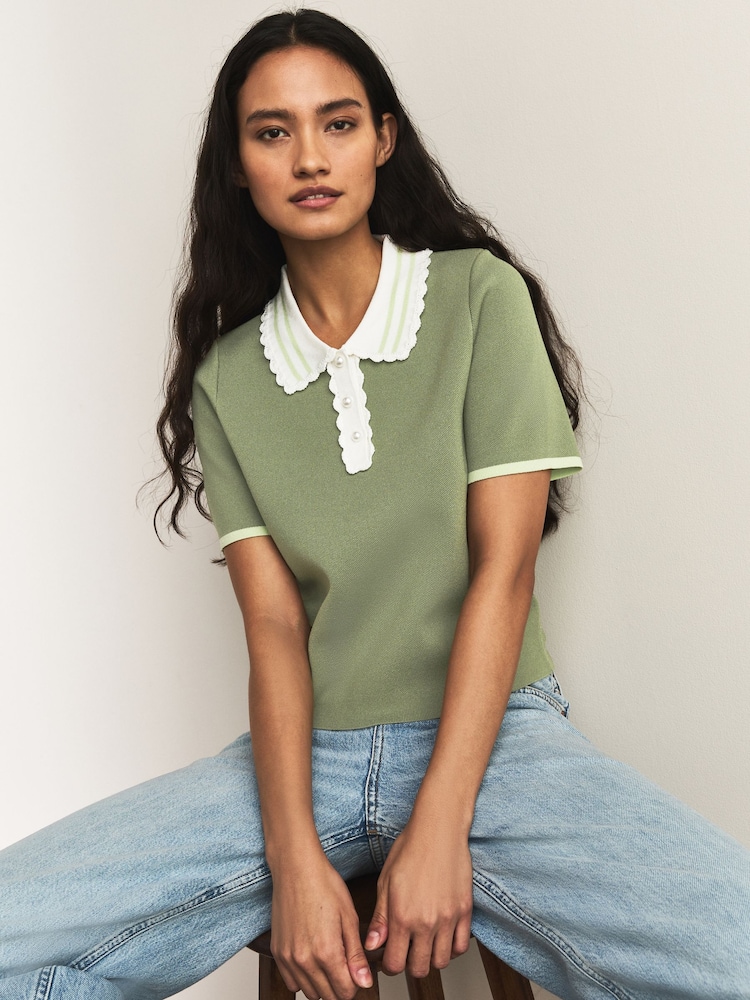 Khaki Green Short Sleeve Frill Polo Knitted Top - Image 1 of 7