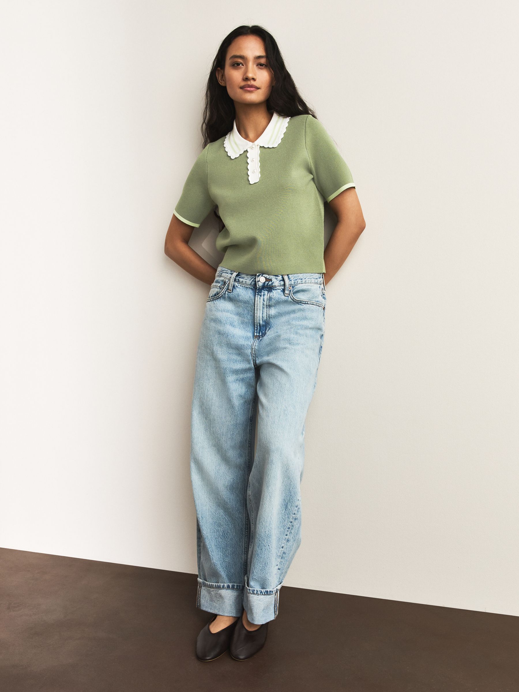 Buy Khaki Green Short Sleeve Frill Polo Knitted Top from Next Ireland