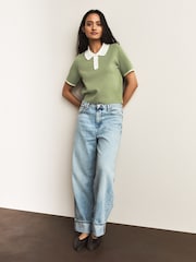 Khaki Green Short Sleeve Frill Polo Knitted Top - Image 2 of 7