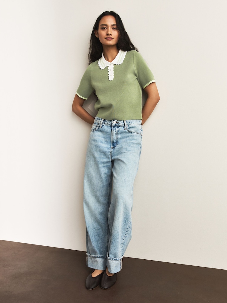 Khaki Green Short Sleeve Frill Polo Knitted Top - Image 2 of 7