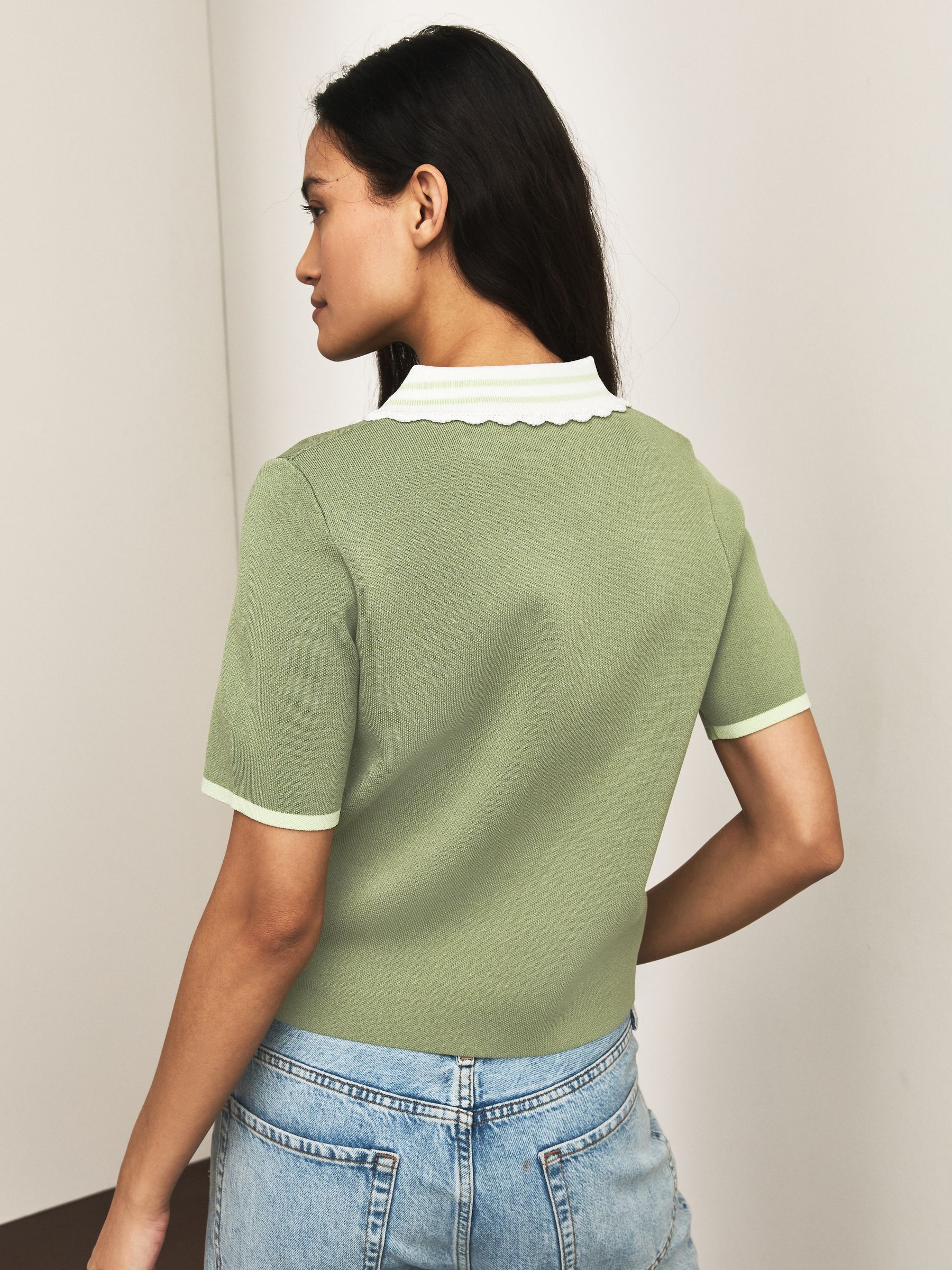 Buy Khaki Green Short Sleeve Frill Polo Knitted Top from Next Ireland